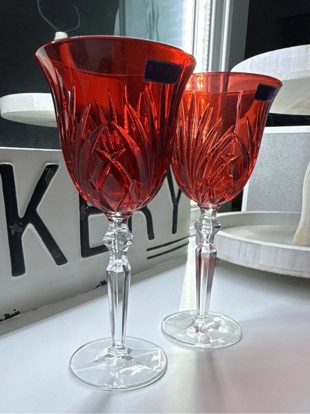 Waterford Crystal Newberry Red Top Goblet SET/2 All Purpose 7.5”H 8-oz New